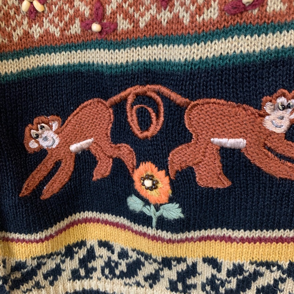 Vintage Arriviste Embroidered Beaded Monkey Novelty Print Cardigan Size M - Picture 8 of 13
